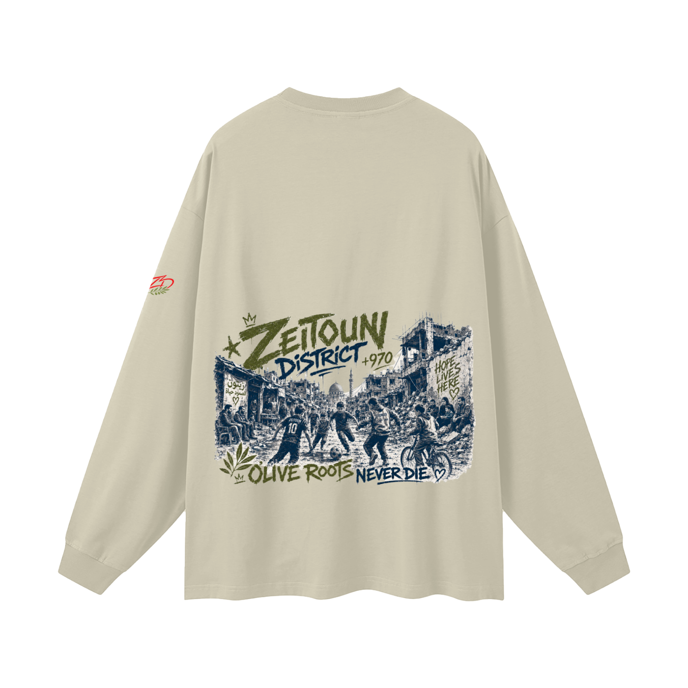 +970 Olive Wire: Gaza Streets Edition Oversized Unisex Long Sleeve T-Shirt — Zeitoun District