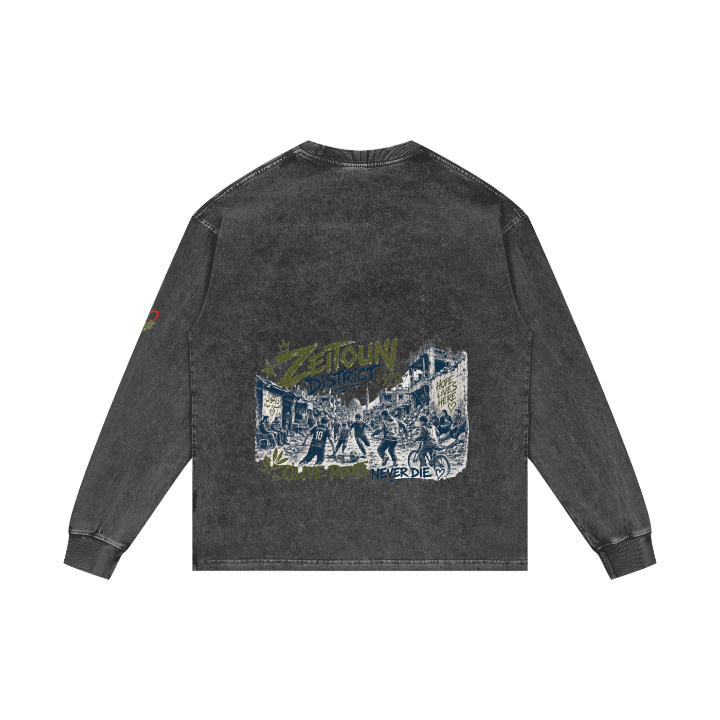 +970 Gaza Streets Olive Pulse Bird Wire Acid Wash Oversize Long Sleeve T-Shirt
