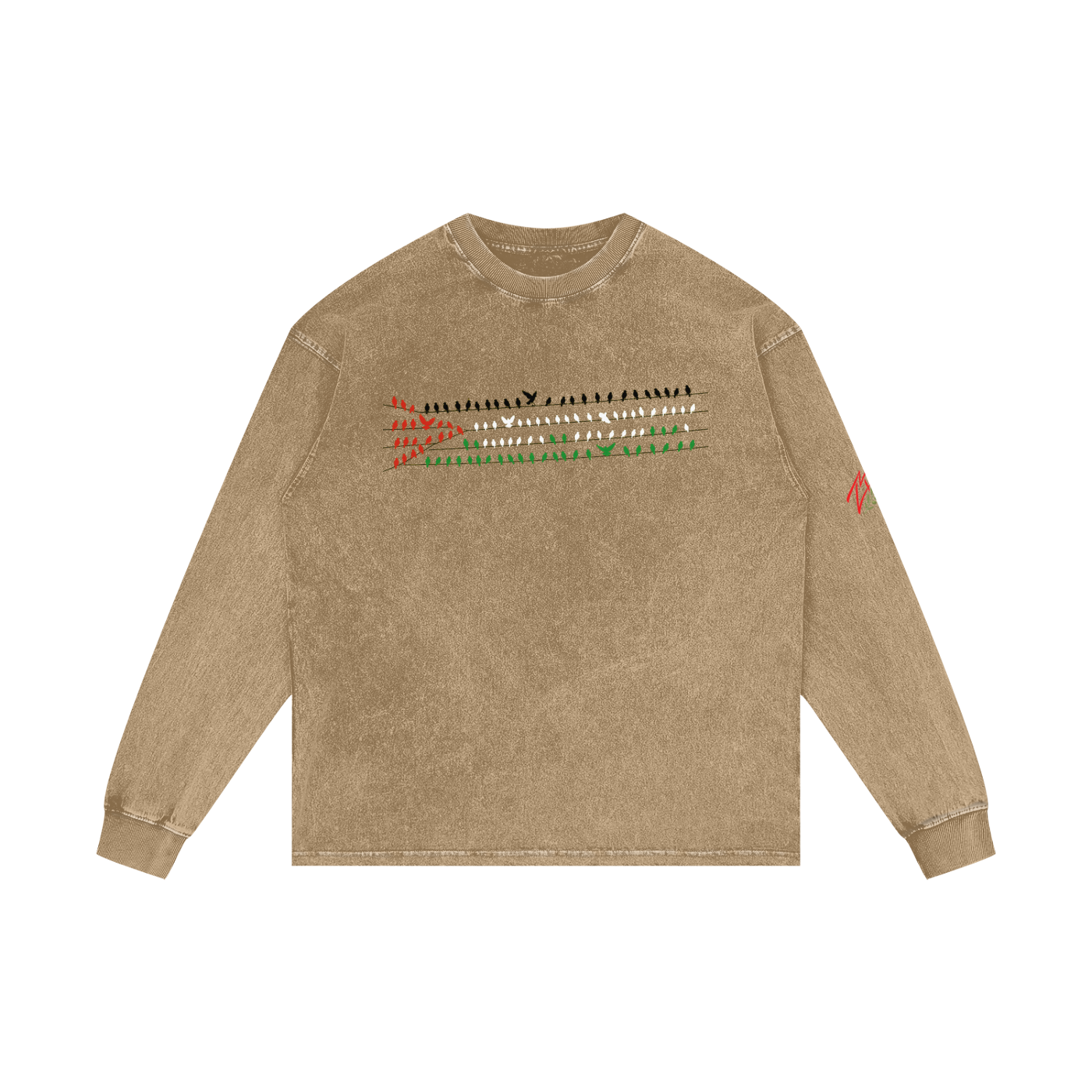 +970 Gaza Streets Olive Pulse Bird Wire Acid Wash Oversize Long Sleeve T-Shirt